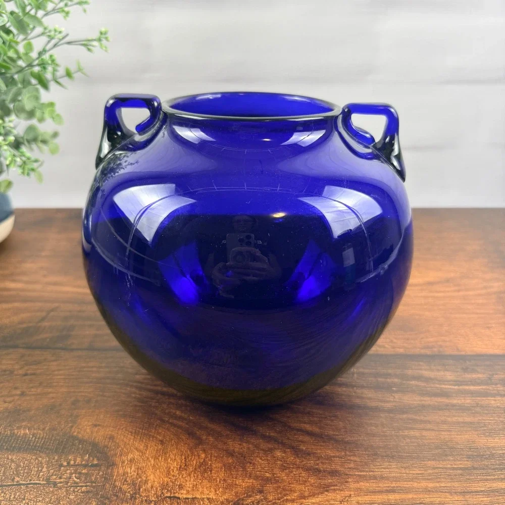 Blenko #68 Cobalt Blue Glass Rose Bowl Pre-Designer Two Handle 1930s